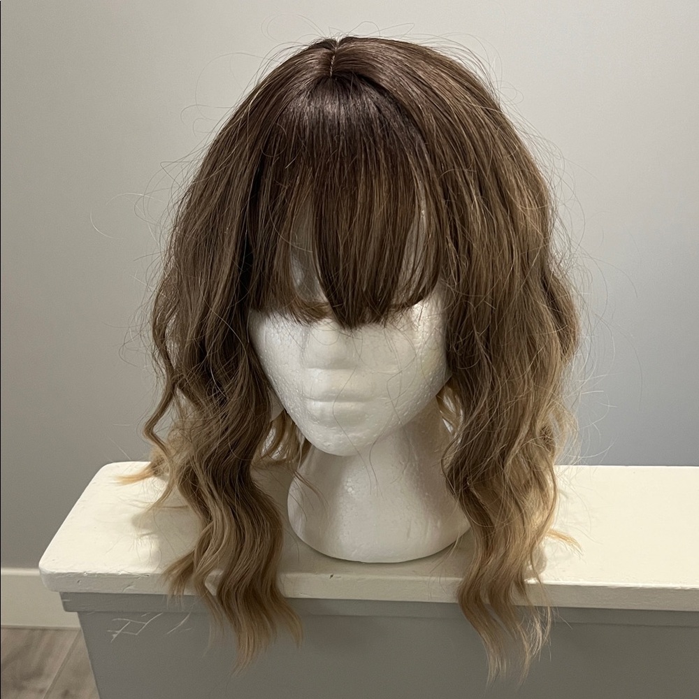 Soft Wavy Brown Ombre Women's Wig with Bangs